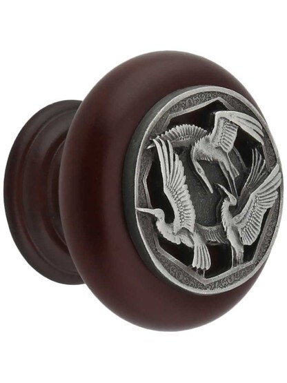 Crane Dance Wood Knob in Cherry/Antique Pewter.